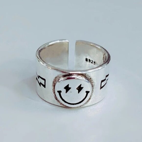 925 Sterling Smiley Face Boho Ring (Gold Face) #1318 - Picture 7 of 14